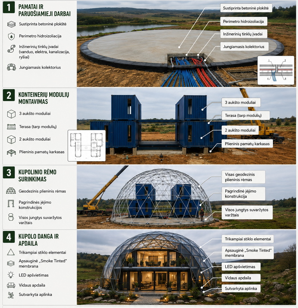 Keturi žingsniai iki skaidraus geodezinio stogo