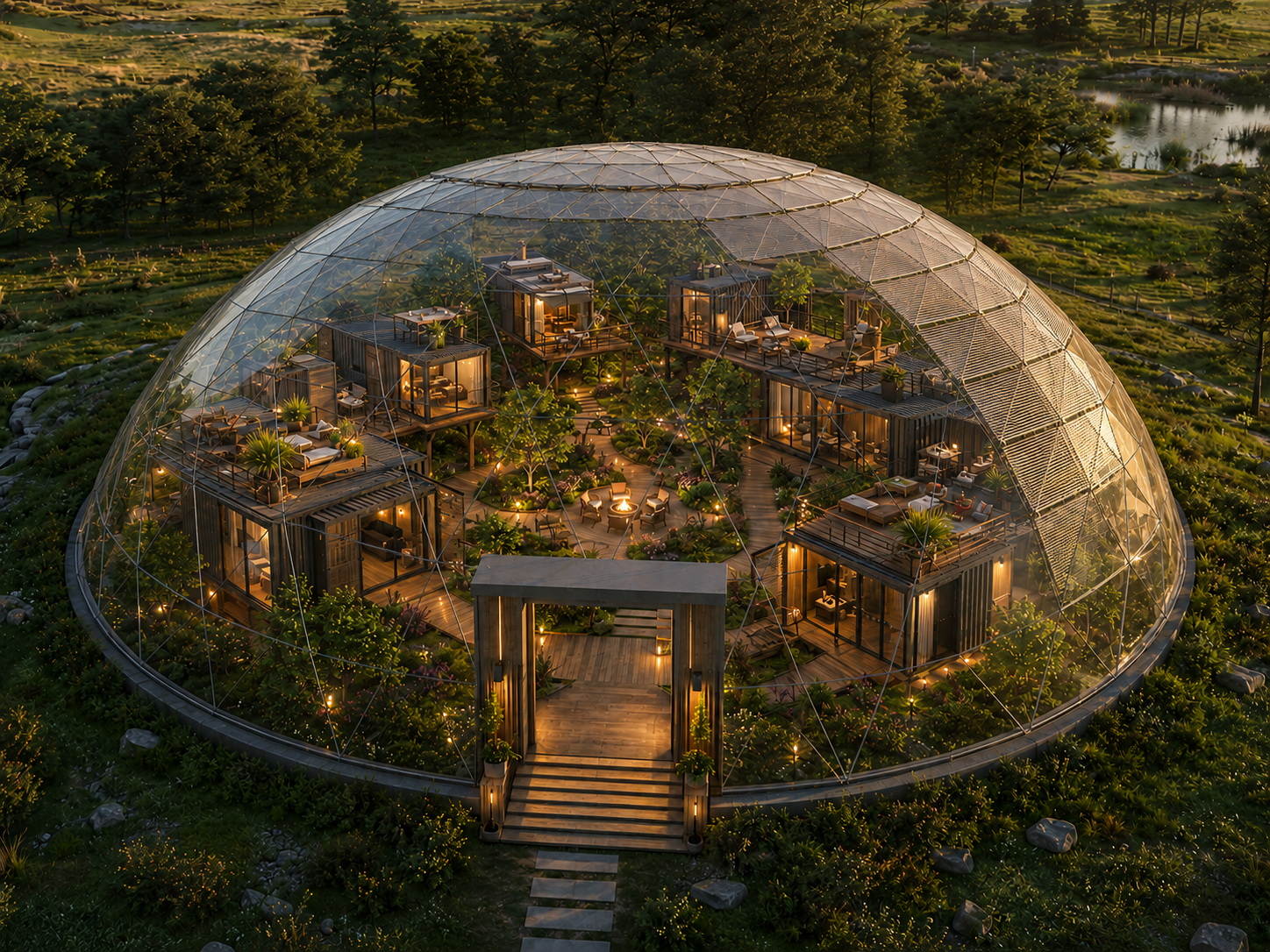 GEODOMAS skaidrus geodezinis stogas virš modulinio namų ir kiemo komplekso